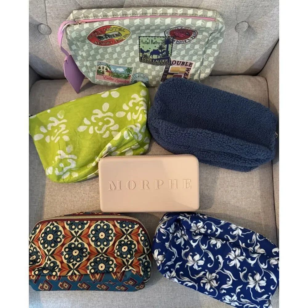 New Lot of 6 Makeup Cosmetic Bags: 3 Estee Lauder, 1 Morphe, 1 Sephora, 1 Other.